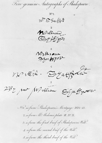 Five Genuine Autographs of William Shakespeare by Unbekannt Unbekannt